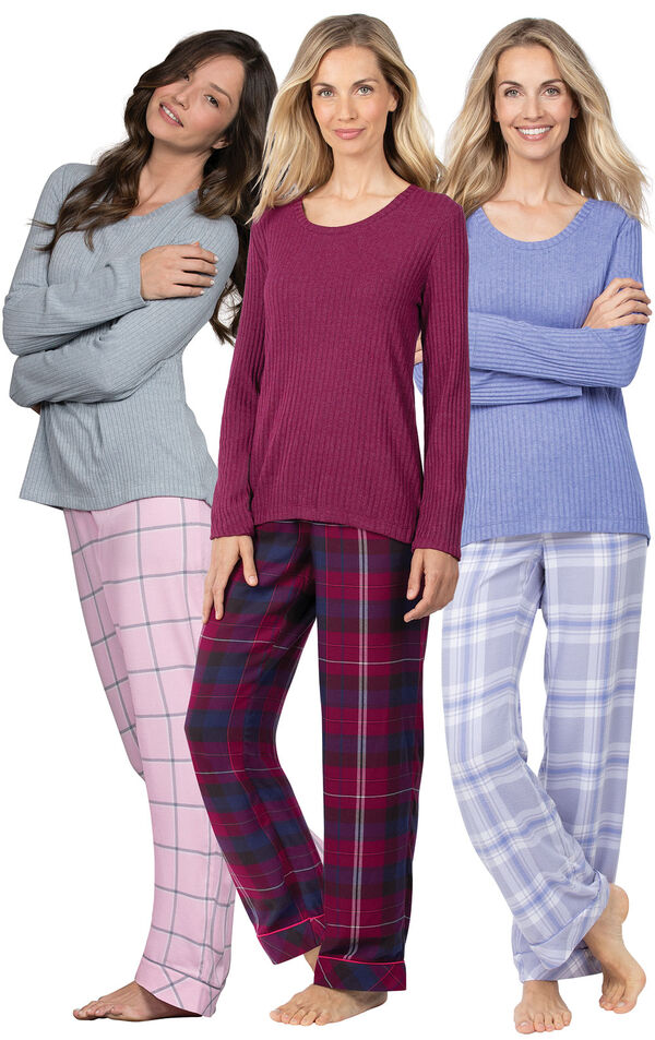 Models wearing World's Softest Flannel Pullover Pajamas in Lavender Plaid, Black Cherry Plaid and Pink Plaid. image number 0
