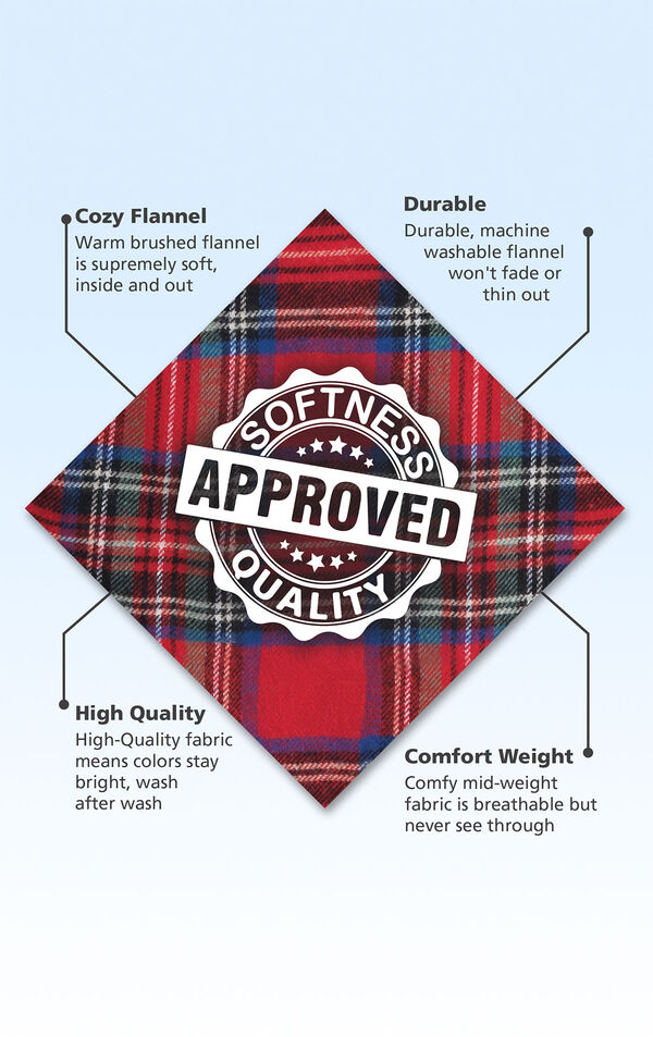 Red Stewart Plaid Fabric with the following copy: Warm brushed flannel is supremely soft. Machine washable flannel won't fade or thin. High-quality fabric means colors stay bright. Mid-weight fabric is breathable but never see through. image number 3