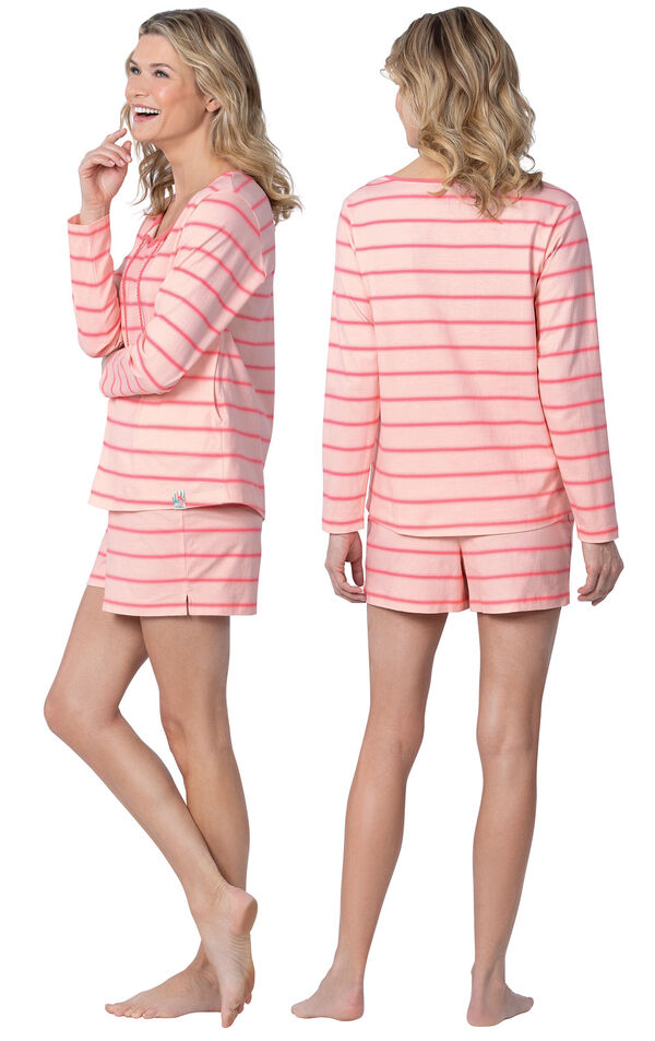 Model wearing Pink Margaritaville Long Sleeve Striped Short Set for Women, facing away from the camera and then to the side image number 1