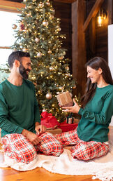 Modern Plaid Couples Pajamas - Evergreen image number 1