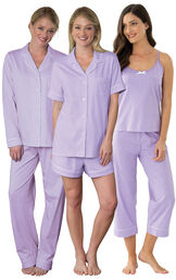 Models wearing Classic Polka-Dot Capri Pajamas - Lavender, Classic Polka-Dot Short Set - Lavender and Classic Polka-Dot Boyfriend Pajamas - Lavender. image number 0