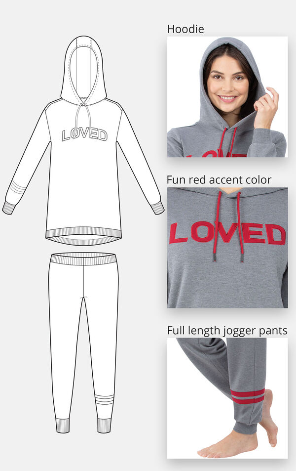 Close-up of the features of ''Loved'' Hoodie Pajamas which include a hoodie, fun red accent color and full length jogger pants image number 3