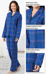 Close-ups of the features of Indigo Plaid Flannel Boyfriend Pajamas which include a notched collar and chest pocket, classic button-front boyfriend style and cuffs with pretty blue piping image number 3