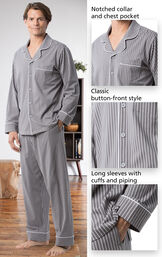 Close-ups of the features of Classic Stripe Men's Pajamas - Charcoal which include a notched collar and chest pocket, classic button-front style and long sleeves with cuffs and piping image number 3