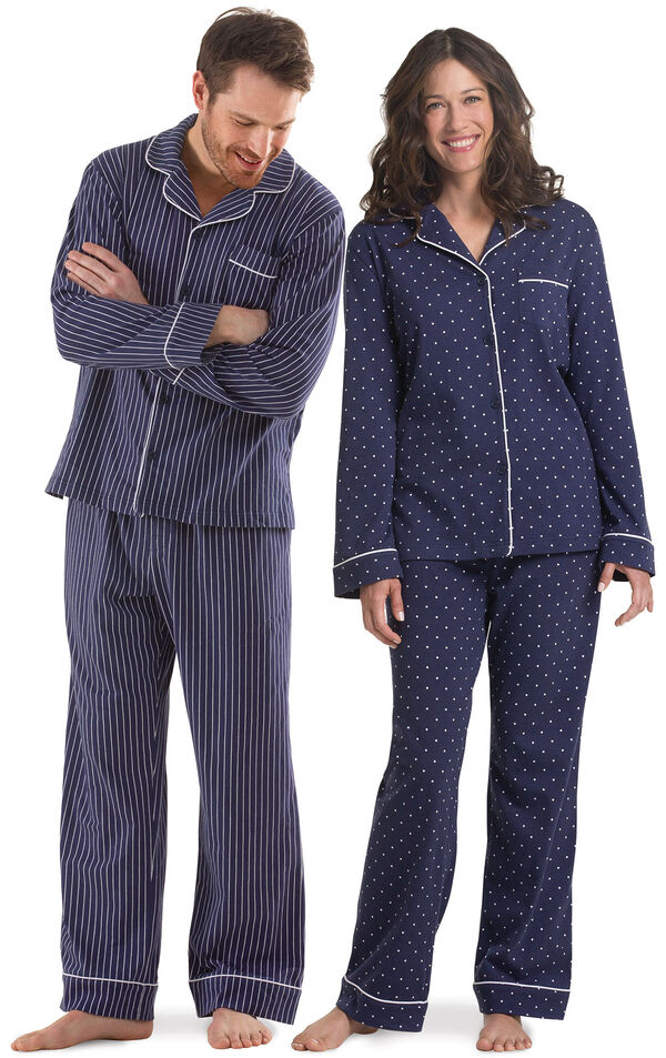 Models wearing Navy Blue and White Dots and Stripes Pajamas for Him and Her image number 0