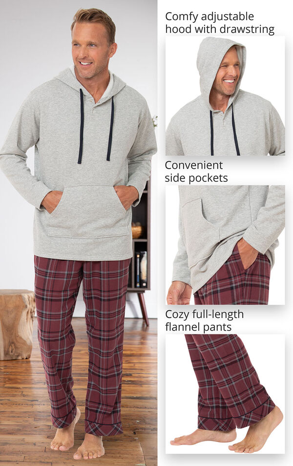 Burgundy Plaid Hooded Men's Pajamas image number 2