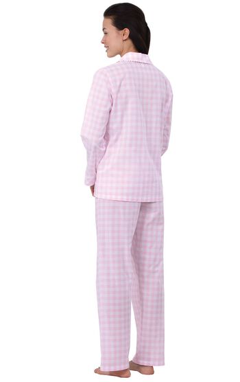 Model wearing Pink and White Gingham Button-Front PJ for Women, facing away from the camera