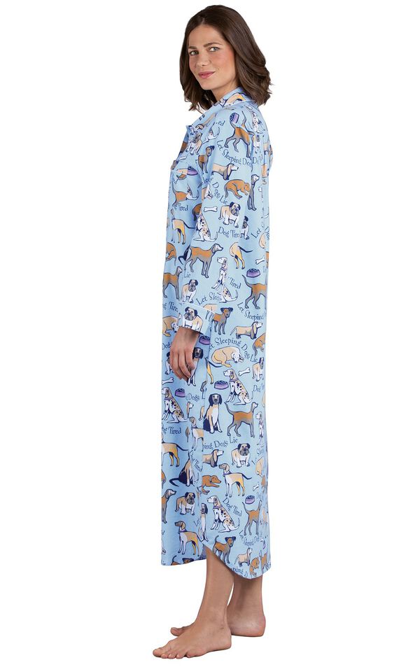 Model wearing Light Blue Dog Tired Print Gown for Women, facing to the side image number 2