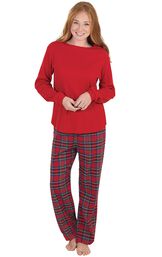 Model wearing Red Classic Plaid Thermal Top PJ for Women
