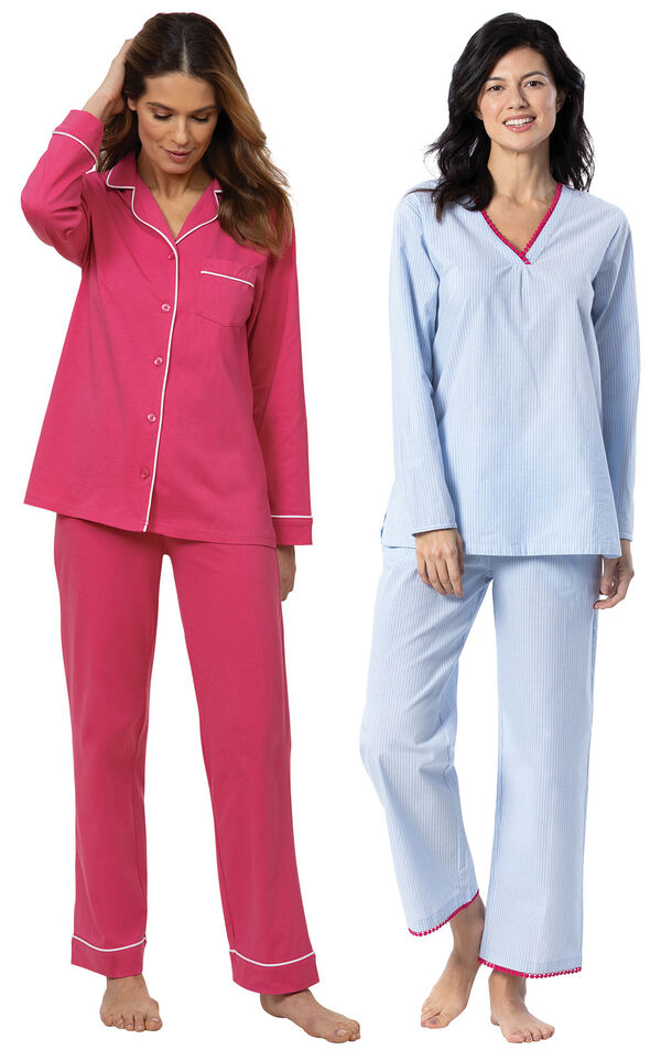 Models wearing Solid Jersey Boyfriend Pajamas - Bold Pink and Pillow Stripe Popover PJs - Blue/White image number 0