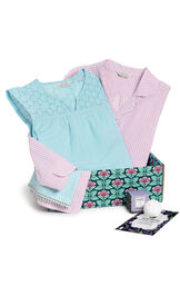 Addison Meadow Pullover PJ in Mauve Stripe and Summer Capri Pajama in Aqua Stripe in a blue and pink floral gift box with a bath bomb  image number 0