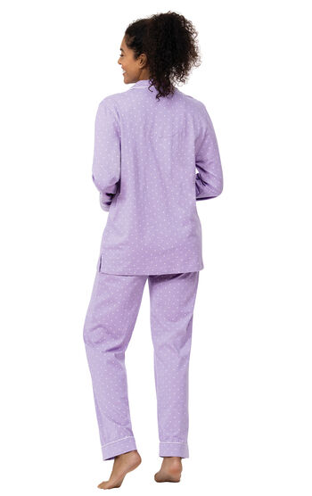 Model wearing Purple Pin Dot Button-Front PJ for Women facing away from the camera