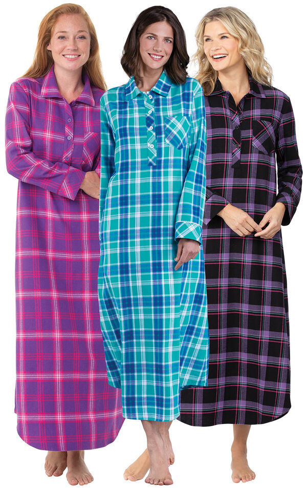 Models wearing Modern Plaid, Wintergreen Plaid and Raspberry Plaid Flannel Nightgowns. image number 0
