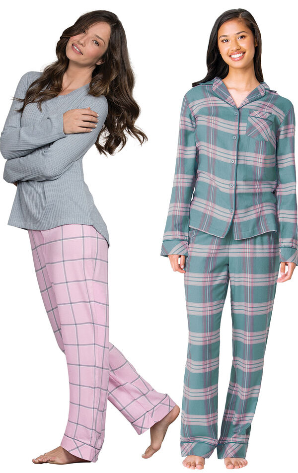 World's Softest Flannel Teal Plaid Boyfriend PJs and Pink Plaid Pullover PJs image number 0