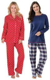 Models wearing Polka-Dot Boyfriend Flannel Pajamas - Red and Snowfall Plaid Pajamas. image number 0