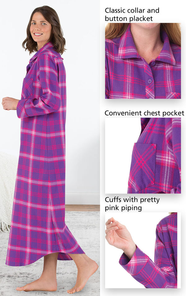 Close-ups of the features of Raspberry Plaid Flannel Nighty which include a classic collar and button placket, convenient chest pocket and cuffs with pretty pink piping image number 3
