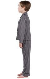 Model wearing Charcoal Gray and Black Stripe Button-Front PJ for Youth, facing to the side image number 2