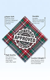 Red and Green Plaid Flannel Swatch with the following copy: Smooth plaid flannel is designed for premium softness. Machine-washable flannel won't fade or thin out. High Quality flannel is durable so colors stay bright. Warm but breathable flannel. image number 4
