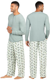 Model wearing Green Pine Tree PJ for Men, facing away from the camera and then to the side image number 1