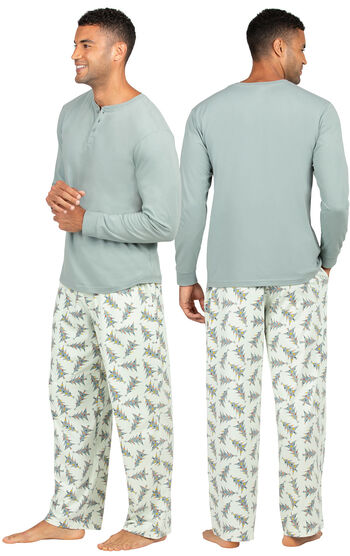 Model wearing Green Pine Tree PJ for Men, facing away from the camera and then to the side