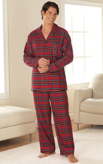 Model standing in living room wearing Red Classic Plaid Button-Front PJ for Men