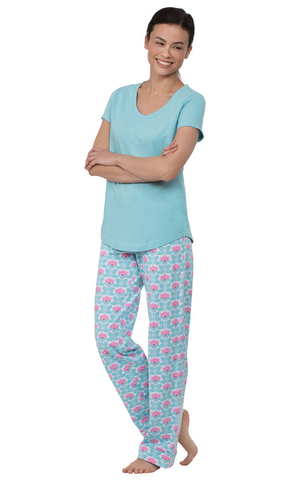 Model wearing Aqua Floral V-neck Short-Sleeve PJ for Women with Modern Floral Full-length pants