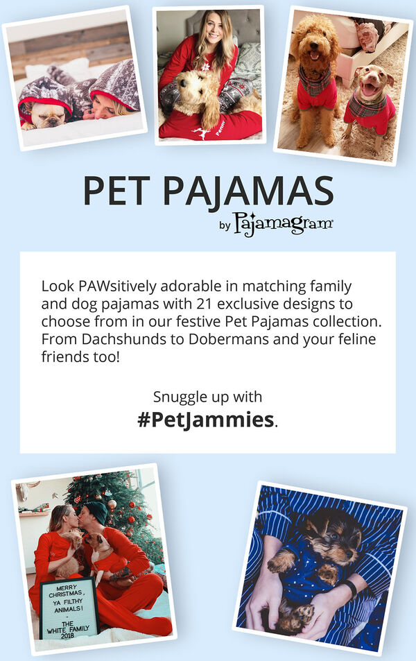 Customer photos of pet and owner matching pajamas with the following text: Snuggle up with #PetJammies image number 4