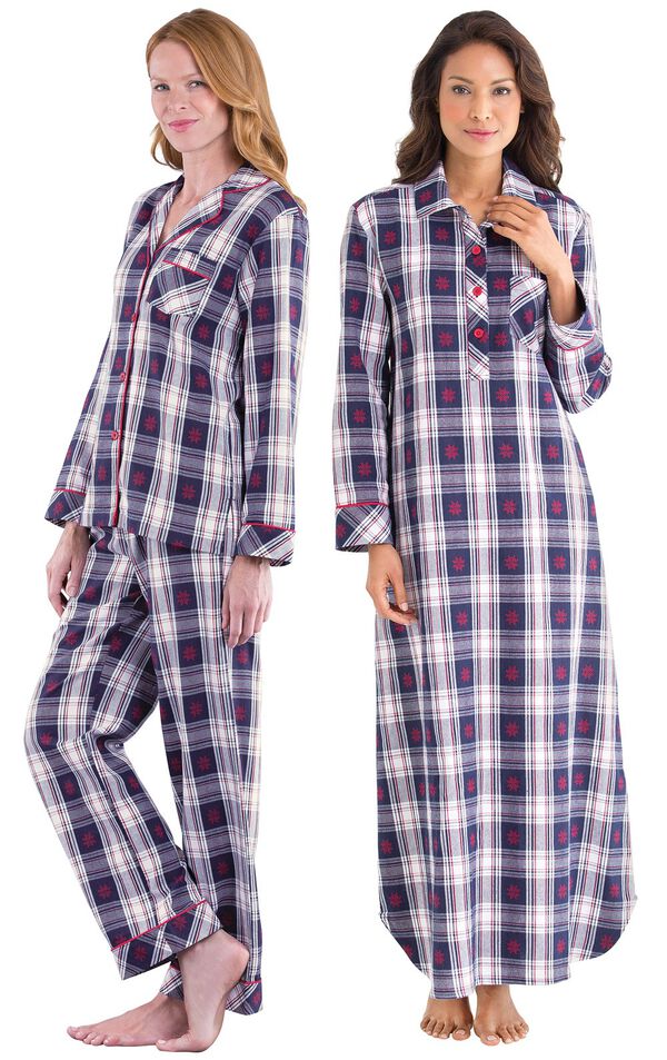 Models wearing Snowfall Plaid Boyfriend Pajamas and Snowfall Plaid Nighty. image number 0