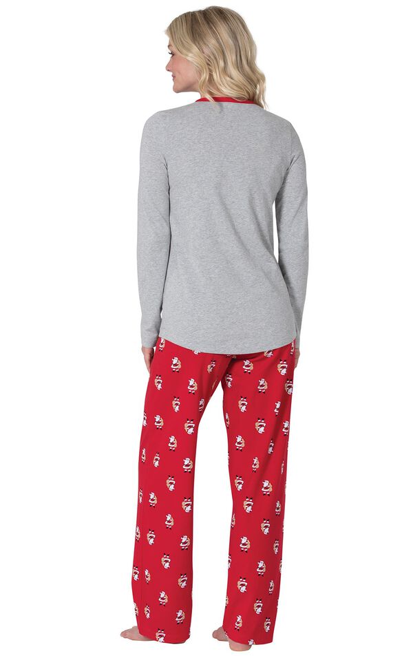 Model wearing Red and Gray Santa Print PJ for Women, facing away from the camera image number 1