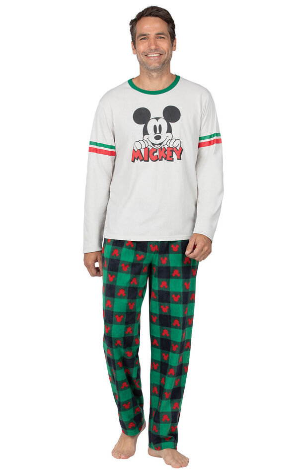 Model wearing Red and Green Mickey Mouse Holiday PJs for Men image number 0