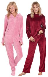 Models wearing Tempting Touch Pajamas - Garnet and Hoodie-Footie - Pink.