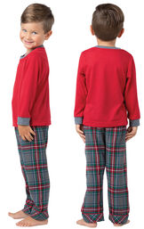 Model wearing Gray Plaid PJ for Toddlers, facing away from the camera and then facing to the side image number 1