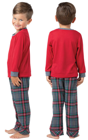 Model wearing Gray Plaid PJ for Toddlers, facing away from the camera and then facing to the side
