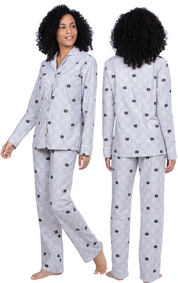 Model wearing Gray Cat Flannel Button-Front PJ for Women, facing away from the camera and then to the side image number 1