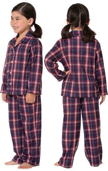 Model wearing Plum Plaid Button-Front PJ for Youth, facing away from the camera and then facing towards the side