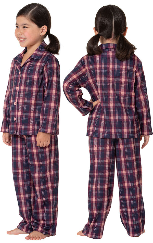 Model wearing Plum Plaid Button-Front PJ for Youth, facing away from the camera and then facing towards the side image number 1