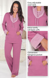Close-Ups of Raspberry World's Softest PJs features which include a cozy adjustable cowl neck, extra-comfy, roll-back cuffs and a convenient kangaroo pocket. image number 6