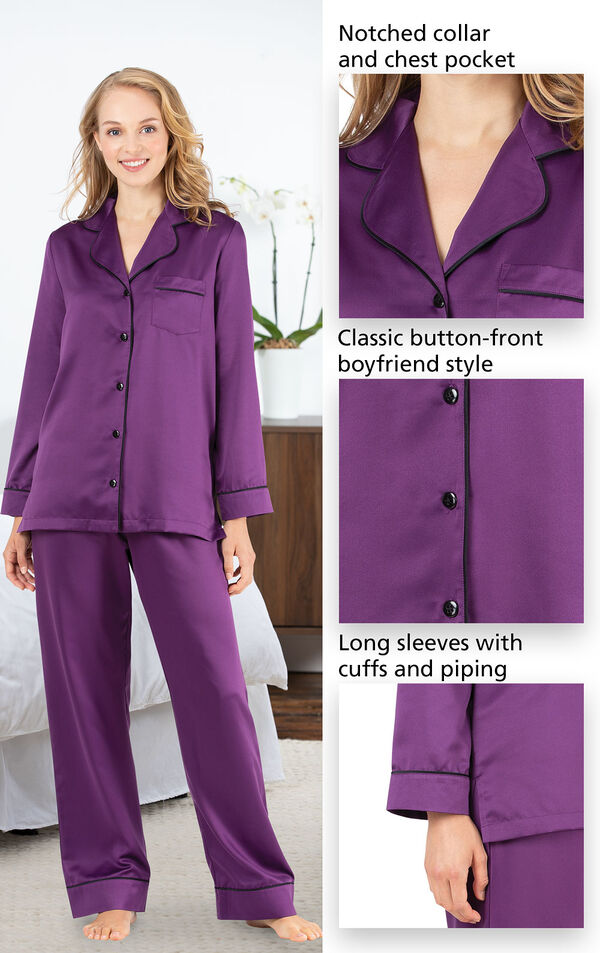 Close-ups of the features of Satin Pajamas with Piping which include a notched collar and chest pocket, classic button-front boyfriend style and long sleeves with cuffs and piping image number 3