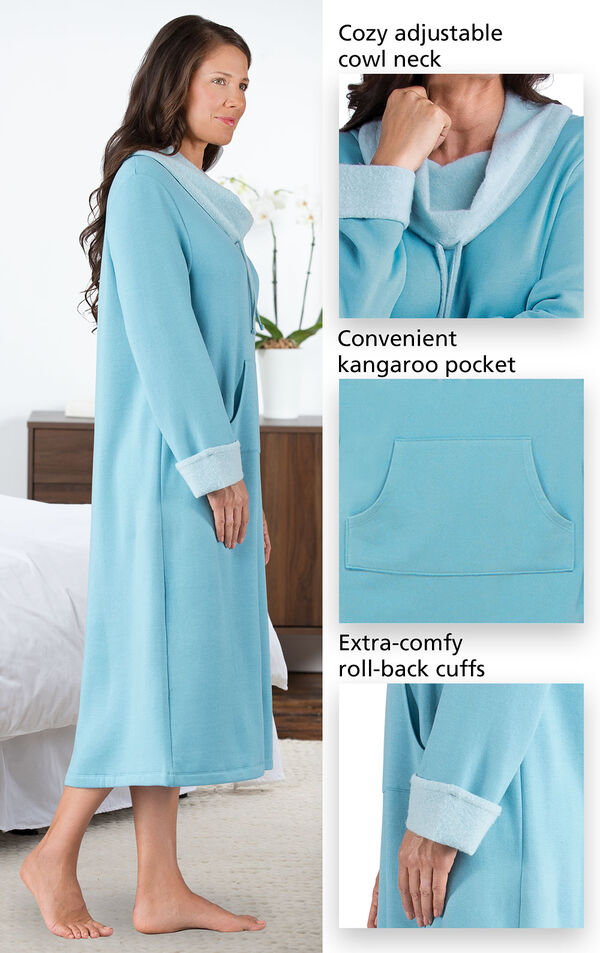 Close-ups of the features of World's Softest Nighty - Teal with the following copy: Cozy adjustable cowl neck, convenient kangaroo pocket, extra-comfy, roll-back cuffs image number 3