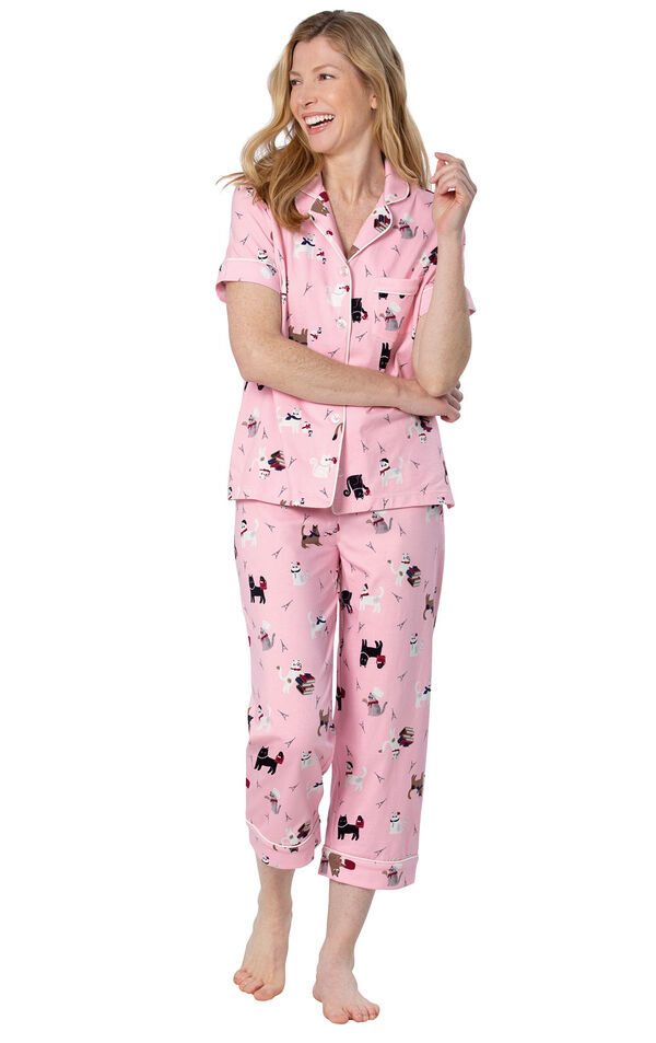 Model wearing Pink Kitty Print Short Sleeve Button-Front Capri PJ for Women image number 0