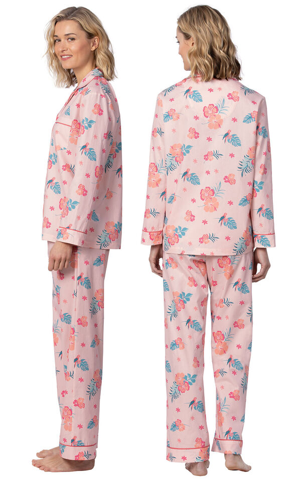 Model wearing Pink Margaritaville Button-Front PJ for Women, facing away from the camera and then to the side image number 1