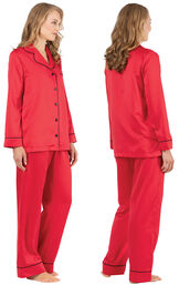 Model wearing Red Satin Button-Front PJ with Contrast Piping for Women, facing away from the camera and then to the side image number 1