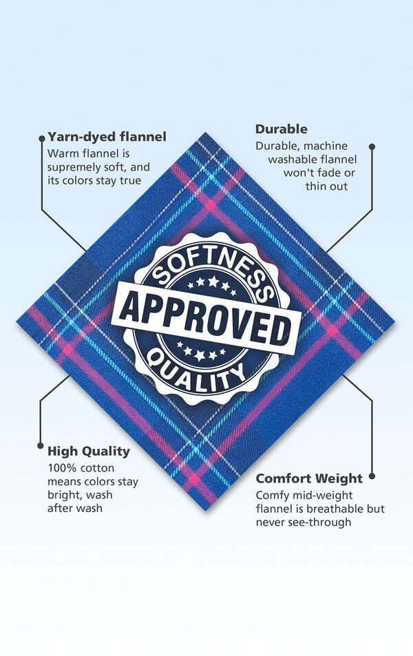 Indigo Plaid swatch with the following copy: Yarn-dyed flannel is supremely soft. Machine washable flannel won't fade or thin out. 100% cotton means colors stay bright. Comfy mid-weight flannel is breathable but never see-through image number 4