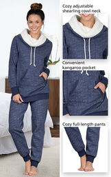 Close-ups of the features of Solstice Shearling Rollneck Pajamas which include a cozy adjustable shearling cowl neck, convenient kangaroo pocket and cozy full-length pants image number 3