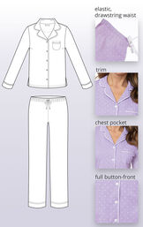 Close-ups of the features of Oh-So-Soft Pin Dot Boyfriend Pajamas such as elastic, drawstring waist, trim, chest pocket and full button-front. image number 4