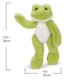 15" Buddy Frog - Front view of standing waving plush green slim frog with measurements that read, "15 in or 38 cm tall and 4 in or 10 cm wide." image number 7