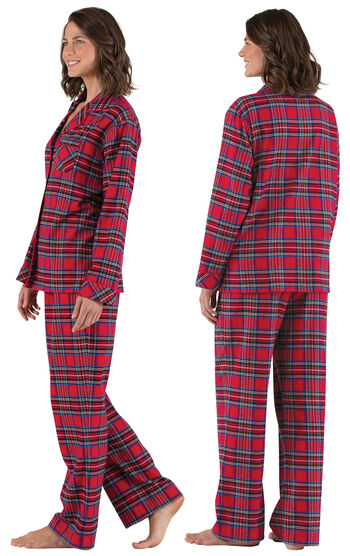 Model wearing Red Classic Plaid Button-Front PJ for Women, facing away from the camera and then to the side