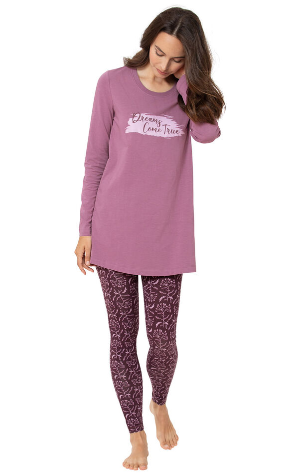 Model wearing Long Sleeve and Legging Pajamas - Plum Floral image number 0