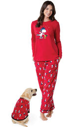 Models wearing Red Snoopy and Woodstock Matching Pajamas for Pet and Owner image number 0