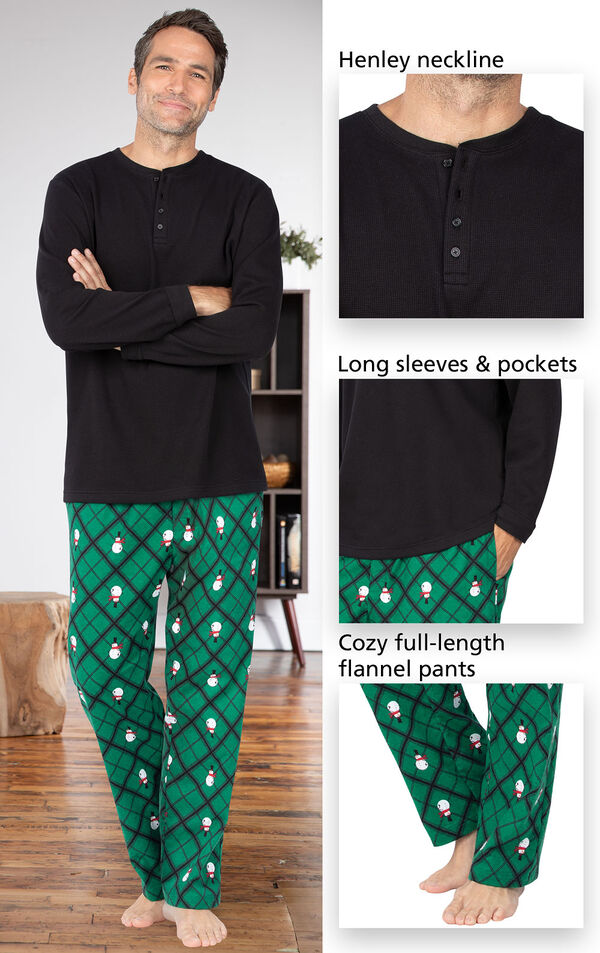 Black and Green Snowman Argyle Henley PJ for Men have a Henley neckline, long sleeves and pockets and cozy full-length flannel pants image number 3
